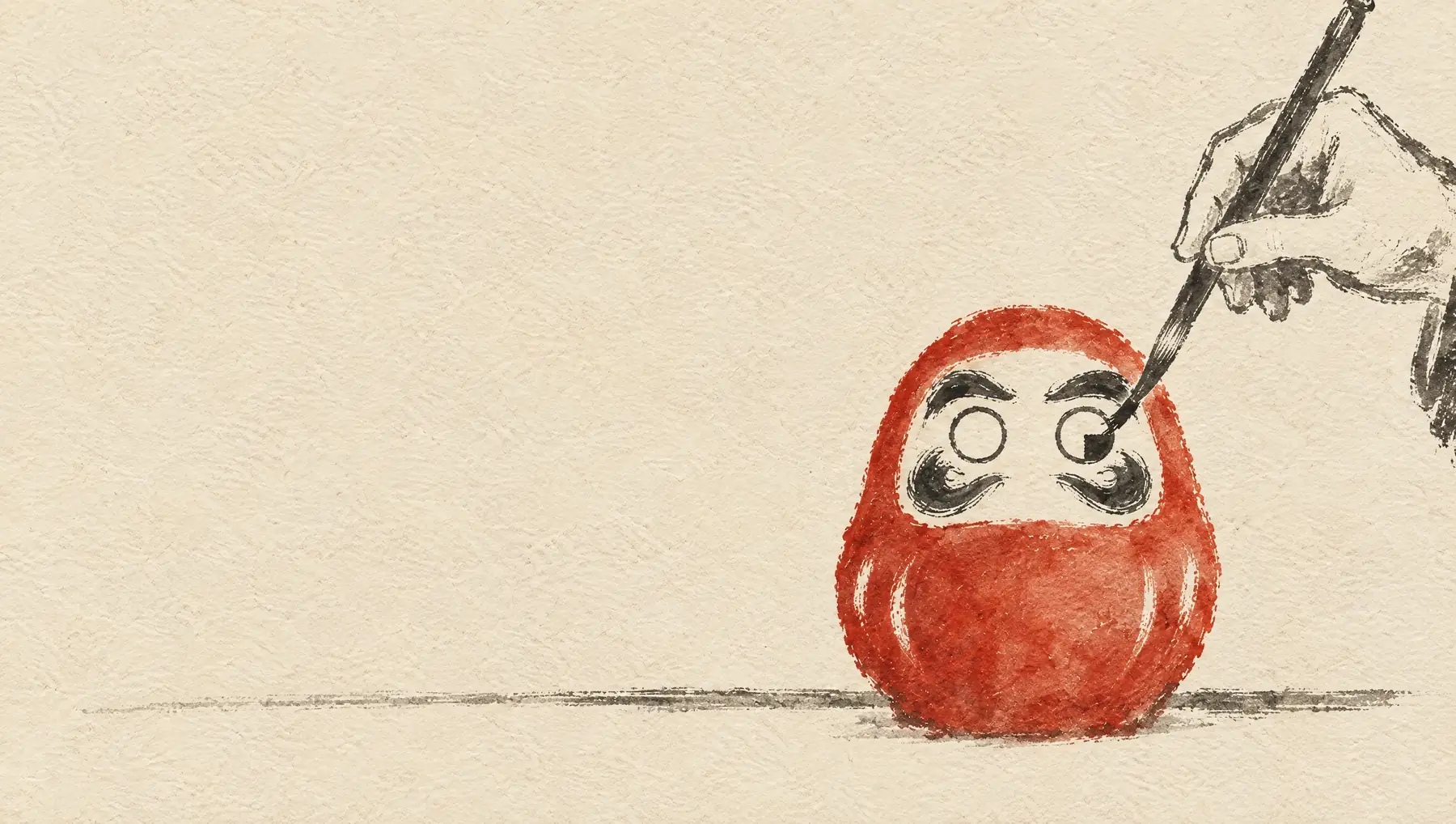 An ink painting of a hand holding a fine brush, painting a black pupil into the eye of a red Daruma doll.