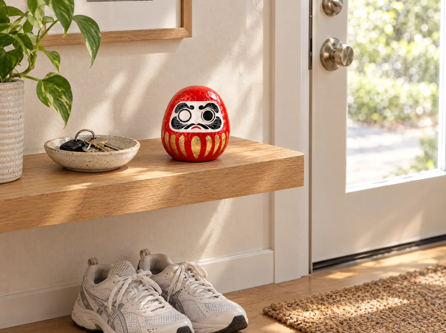 A red Daruma with one eye painted on a wooden shelf by a front door, next to a dish of keys, with running shoes on the floor below.