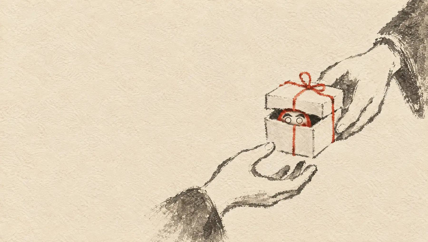 An ink painting of one hand passing a small cream gift box tied with red string to another, with a tiny red Daruma inside.