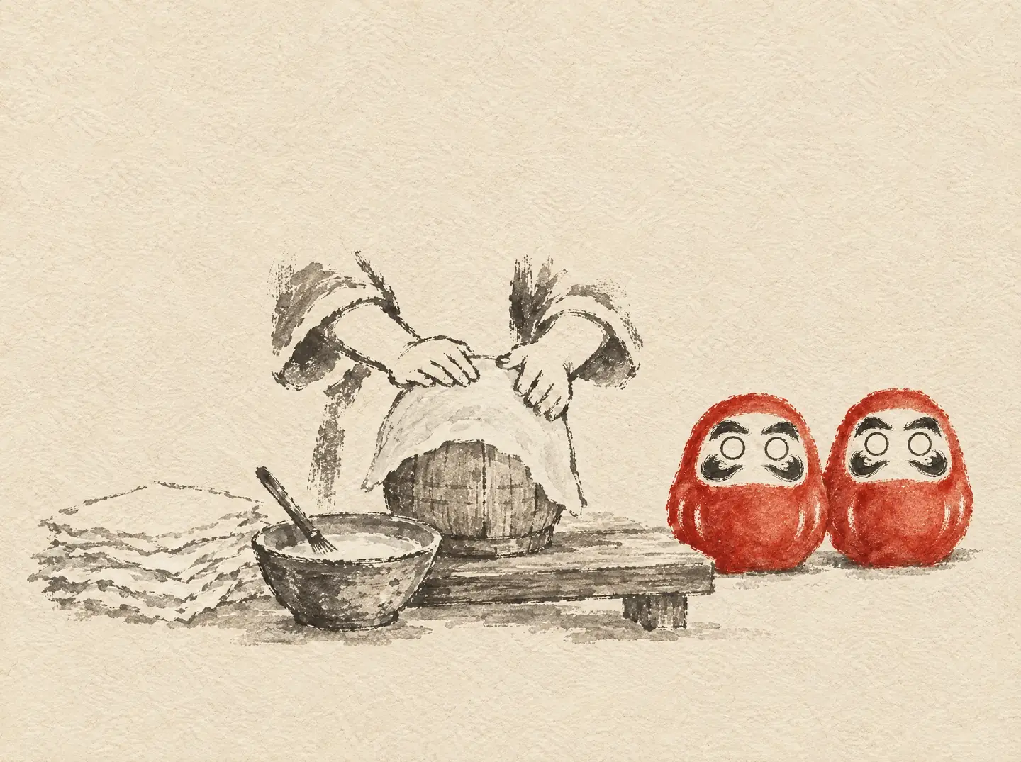Two ink hands press wet paper over a rounded wooden mold, with a bowl of paste and two finished red Daruma drying beside it.