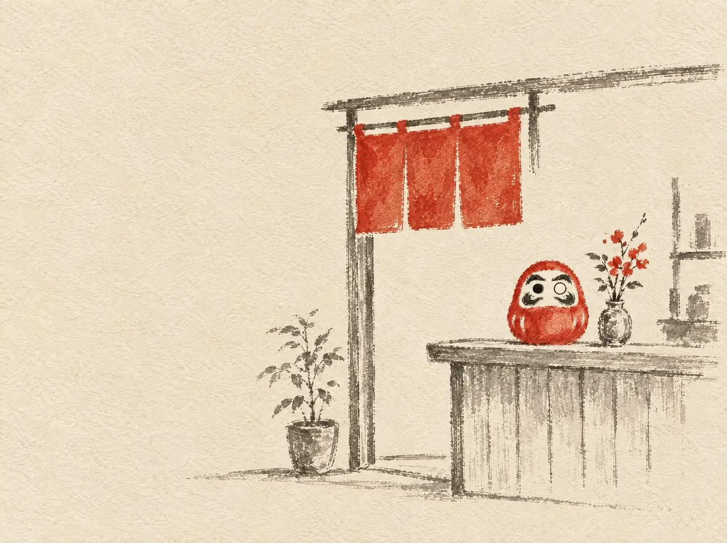An ink painting of a small new shop on its opening day, with a curtain at the door and a red Daruma with one eye painted standing on the wooden counter.