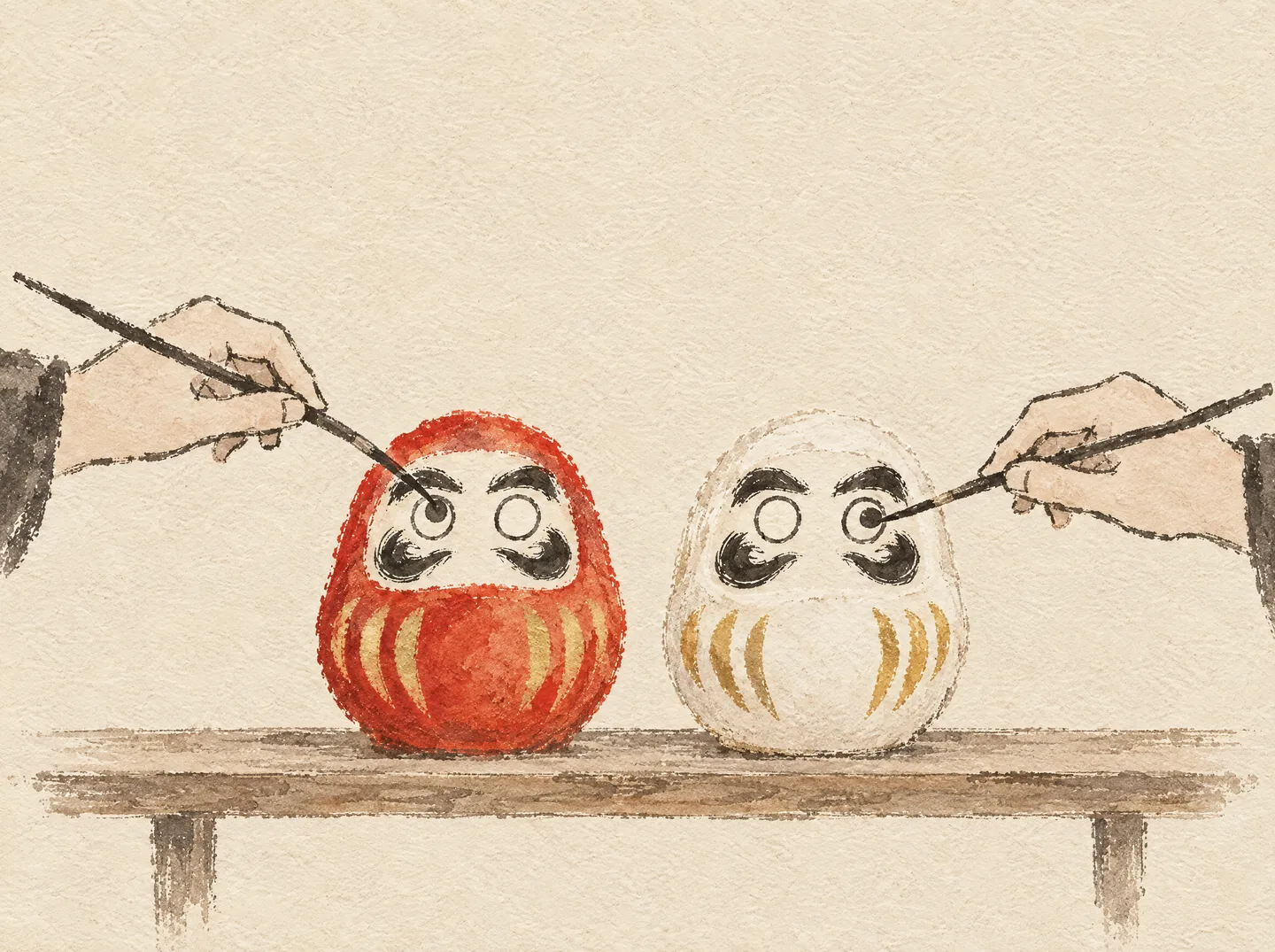 An ink and watercolor painting of two Daruma, one red and one white, on a wooden shelf, with a hand from each side painting an eye on each doll.