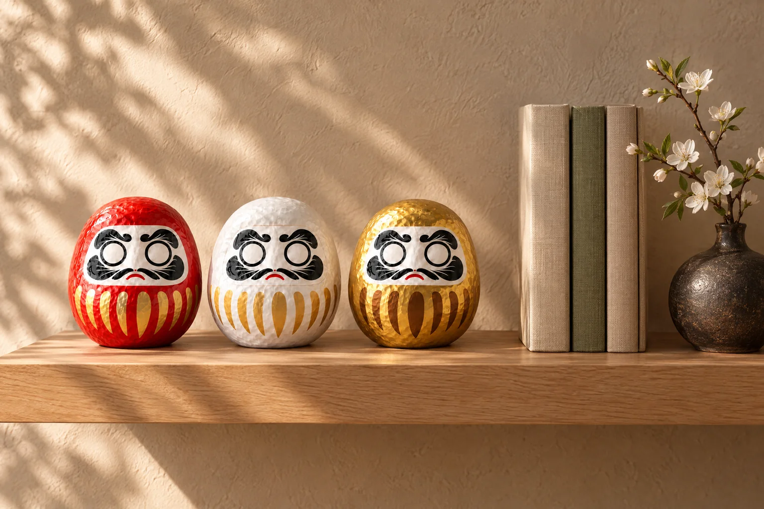 Three Daruma with blank eyes, red, white and gold, standing in a row on a light oak shelf beside linen books.